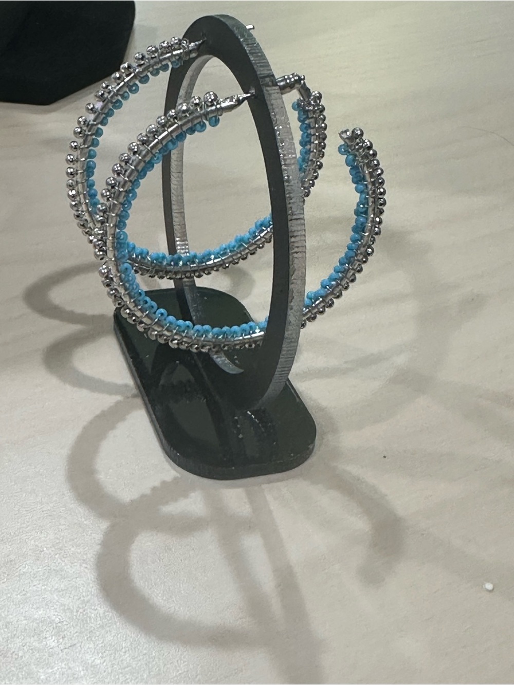 Silver Hoop Earrings with Turquoise Bead Accents